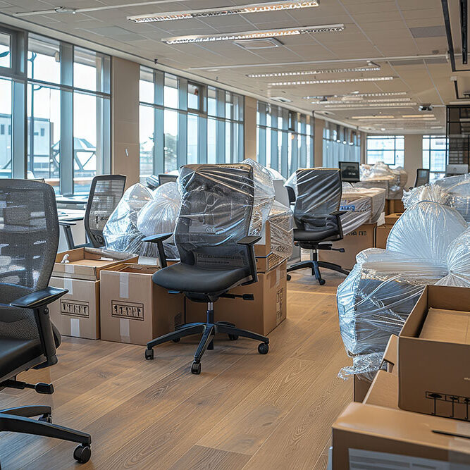 AdobeStock_886605748 Modern Office Room Prepared for Relocation, Featuring Plastic-Wrapped Chairs and Packed Furniture Tables, Ready for Professional Moving Service