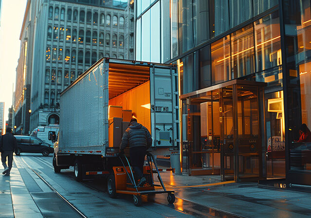 AdobeStock_960767009 Professional Movers Unloading Truck into High-Rise Building at Sunrise